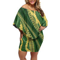Polynesian Puakeniken Pikake Twisted Lei Family Matching Off Shoulder Short Dress and Hawaiian Shirt Emerald LT7 Mom's Dress Emerald - Polynesian Pride