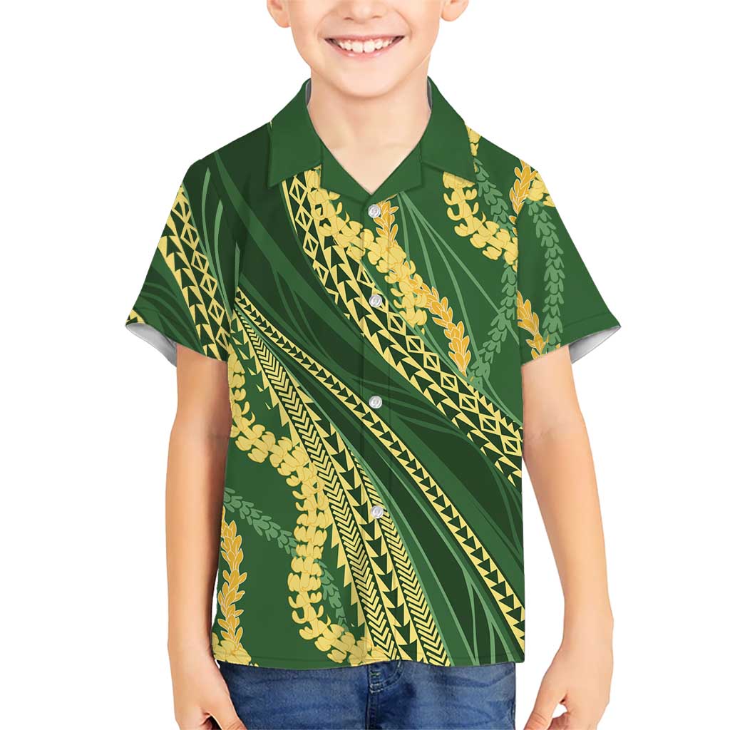 Polynesian Puakeniken Pikake Twisted Lei Family Matching Off Shoulder Short Dress and Hawaiian Shirt Emerald LT7 Son's Shirt Emerald - Polynesian Pride