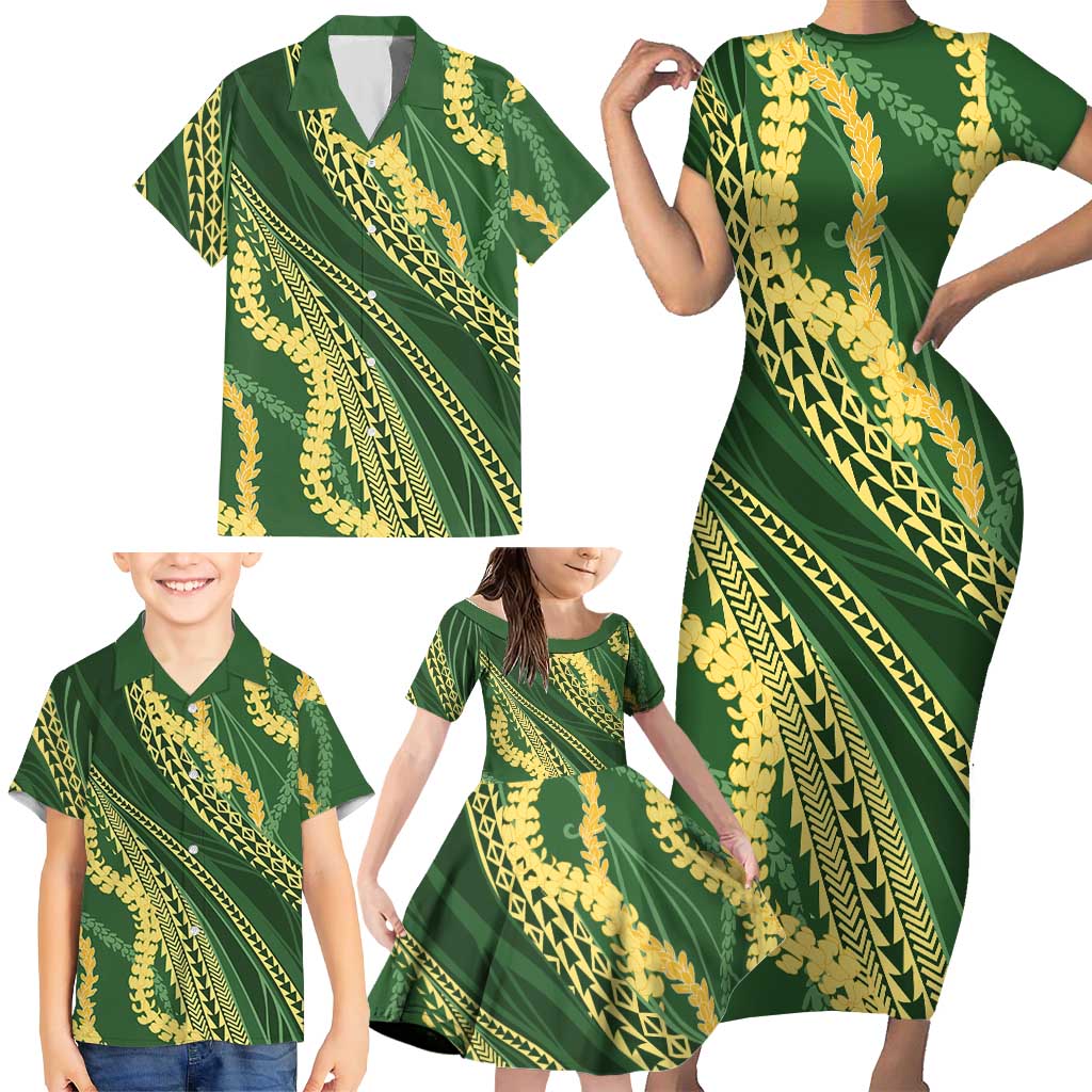 Polynesian Puakeniken Pikake Twisted Lei Family Matching Short Sleeve Bodycon Dress and Hawaiian Shirt Emerald LT7 - Polynesian Pride