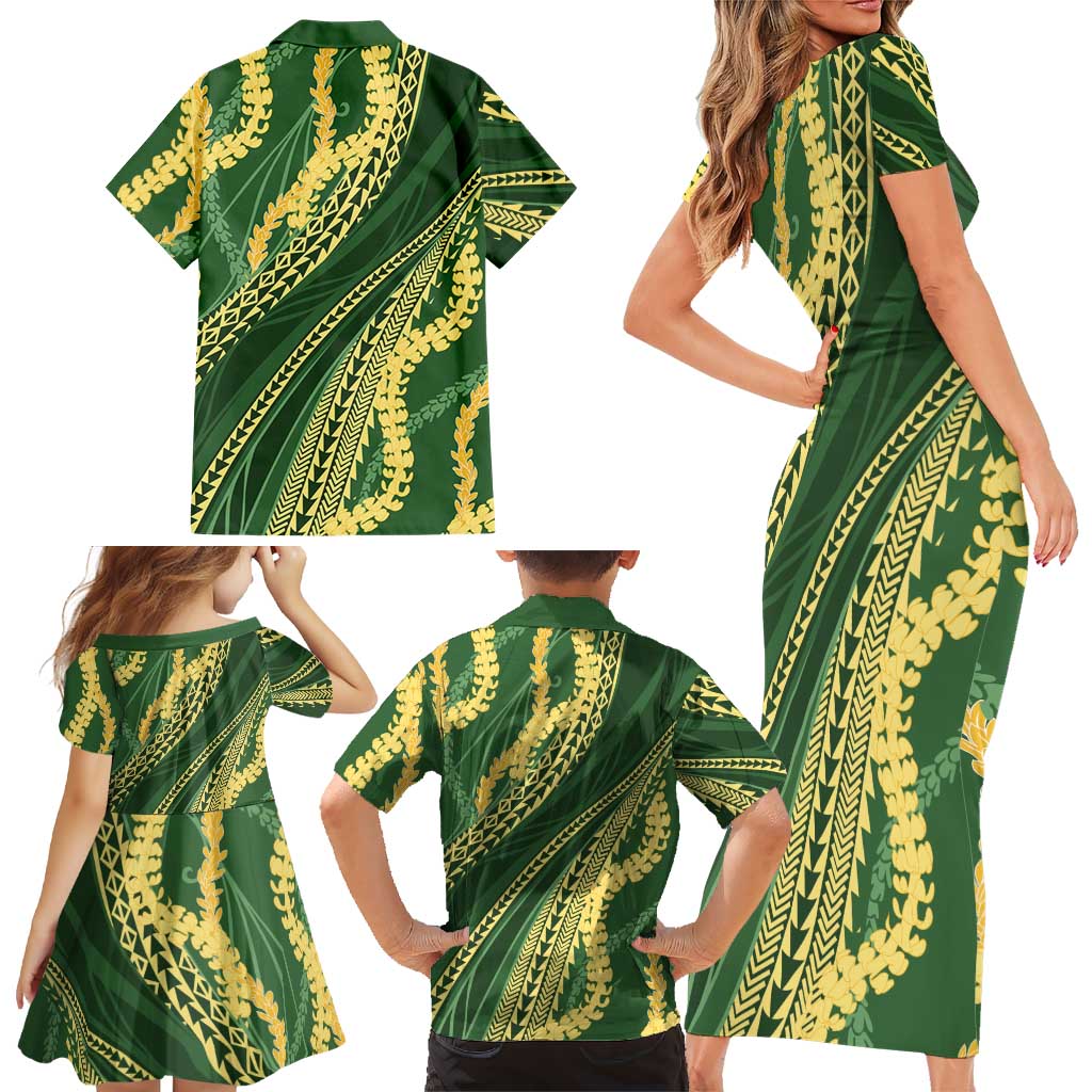 Polynesian Puakeniken Pikake Twisted Lei Family Matching Short Sleeve Bodycon Dress and Hawaiian Shirt Emerald LT7 - Polynesian Pride