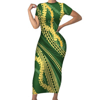 Polynesian Puakeniken Pikake Twisted Lei Family Matching Short Sleeve Bodycon Dress and Hawaiian Shirt Emerald LT7 Mom's Dress Emerald - Polynesian Pride