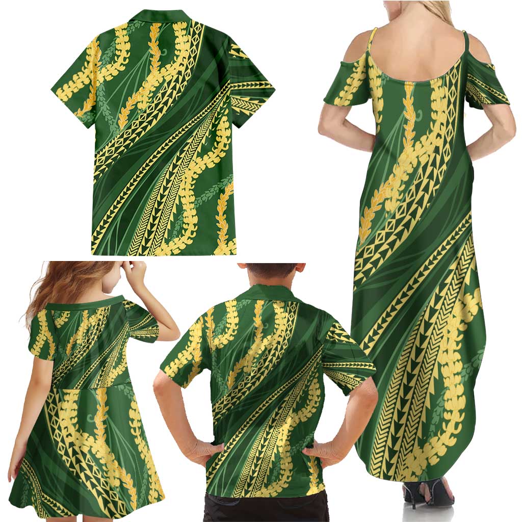 Polynesian Puakeniken Pikake Twisted Lei Family Matching Summer Maxi Dress and Hawaiian Shirt Emerald LT7 - Polynesian Pride
