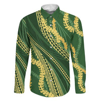 Polynesian Puakeniken Pikake Twisted Lei Family Matching Summer Maxi Dress and Hawaiian Shirt Emerald LT7 Dad's Shirt - Long Sleeve Emerald - Polynesian Pride