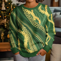 Polynesian Puakeniken Pikake Twisted Lei Kid Ugly Christmas Sweater Emerald - Polynesian Pride
