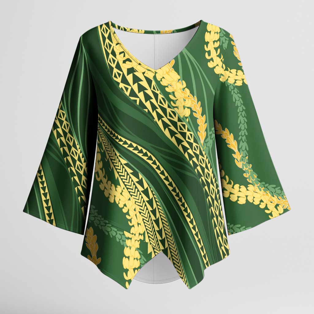 Polynesian Puakeniken Pikake Twisted Lei Kimono Sleeve Blouse Emerald - Polynesian Pride