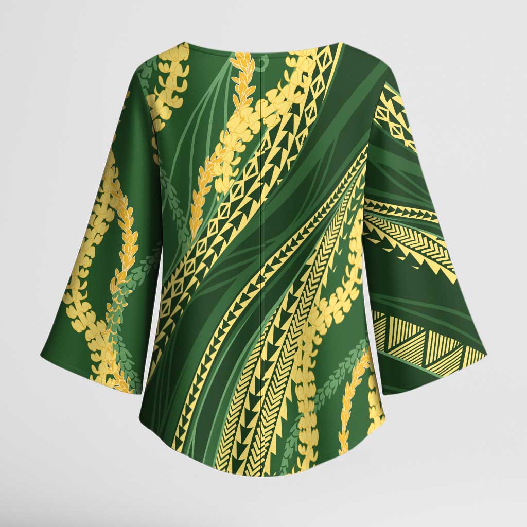 Polynesian Puakeniken Pikake Twisted Lei Kimono Sleeve Blouse Emerald - Polynesian Pride