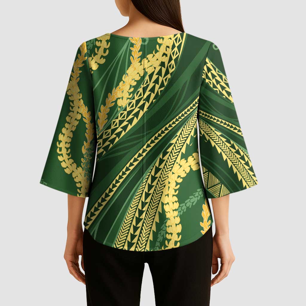 Polynesian Puakeniken Pikake Twisted Lei Kimono Sleeve Blouse Emerald - Polynesian Pride