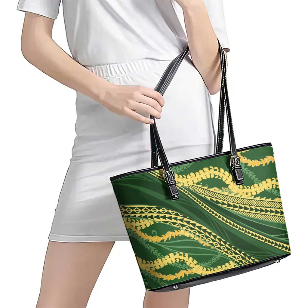 Polynesian Puakeniken Pikake Twisted Lei Leather Tote Bag Emerald - Polynesian Pride