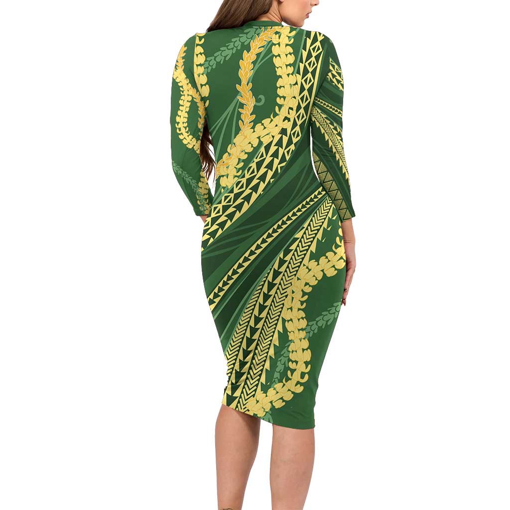 Polynesian Puakeniken Pikake Twisted Lei Long Sleeve Bodycon Dress Emerald - Polynesian Pride