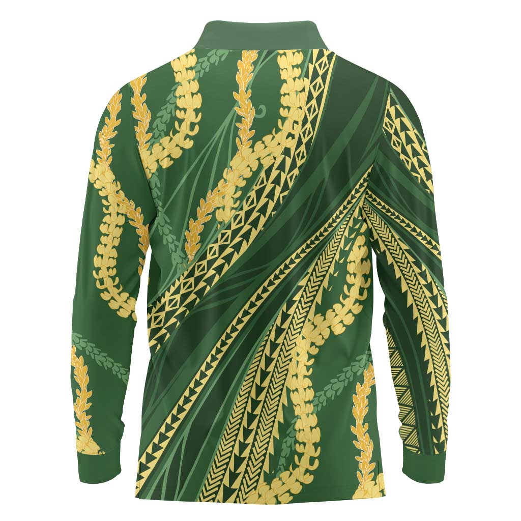 Polynesian Puakeniken Pikake Twisted Lei Long Sleeve Polo Shirt Emerald - Polynesian Pride