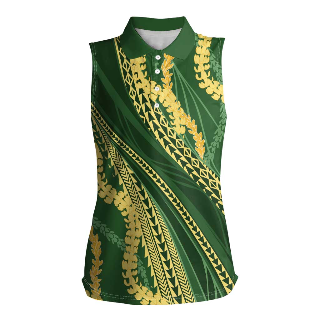 Polynesian Puakeniken Pikake Twisted Lei Women Sleeveless Polo Shirt Emerald - Polynesian Pride