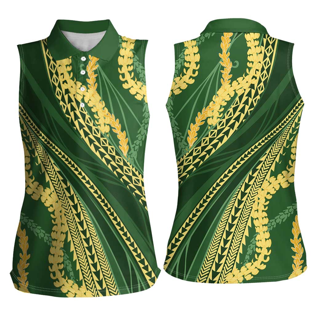 Polynesian Puakeniken Pikake Twisted Lei Women Sleeveless Polo Shirt Emerald - Polynesian Pride
