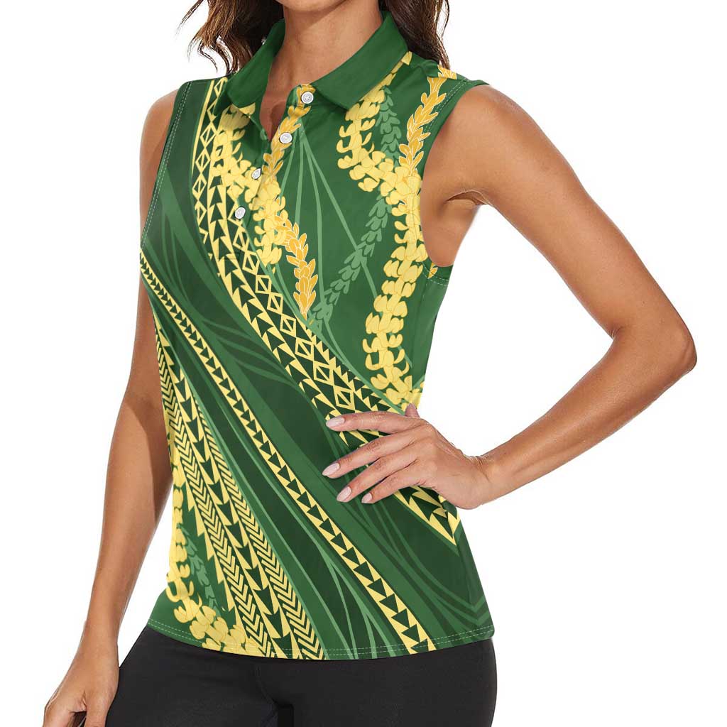 Polynesian Puakeniken Pikake Twisted Lei Women Sleeveless Polo Shirt Emerald - Polynesian Pride
