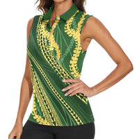 Polynesian Puakeniken Pikake Twisted Lei Women Sleeveless Polo Shirt Emerald - Polynesian Pride