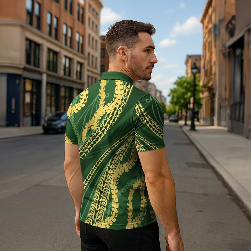 Polynesian Puakeniken Pikake Twisted Lei Zipper Polo Shirt Emerald - Polynesian Pride