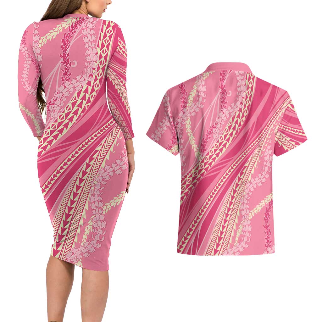 Polynesian Puakeniken Pikake Twisted Lei Couples Matching Long Sleeve Bodycon Dress and Hawaiian Shirt Rose Pink LT7 - Polynesian Pride