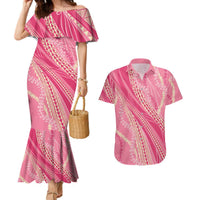 Polynesian Puakeniken Pikake Twisted Lei Couples Matching Mermaid Dress and Hawaiian Shirt Rose Pink - Polynesian Pride