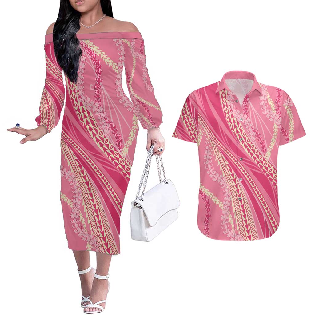 Polynesian Puakeniken Pikake Twisted Lei Couples Matching Off The Shoulder Long Sleeve Dress and Hawaiian Shirt Rose Pink LT7 Rose Pink - Polynesian Pride