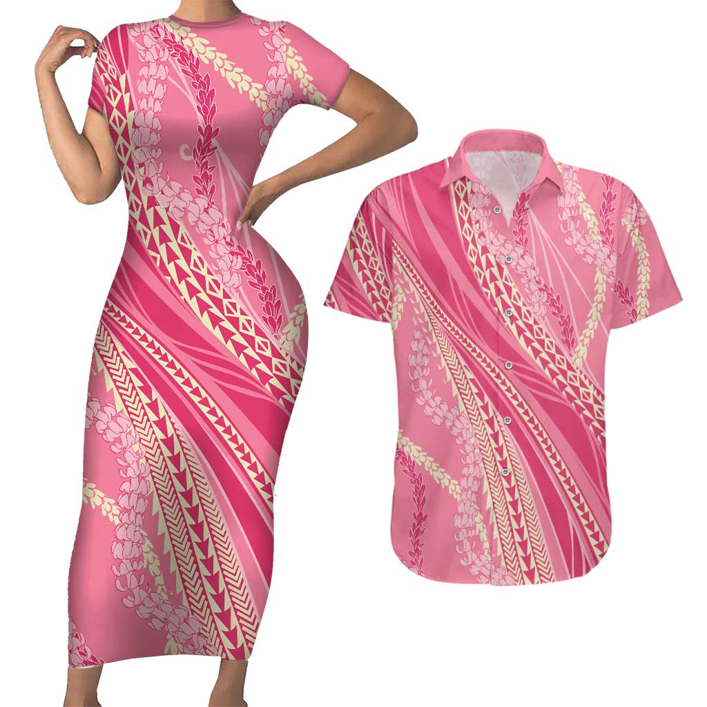 Polynesian Puakeniken Pikake Twisted Lei Couples Matching Short Sleeve Bodycon Dress and Hawaiian Shirt Rose Pink LT7 Rose Pink - Polynesian Pride