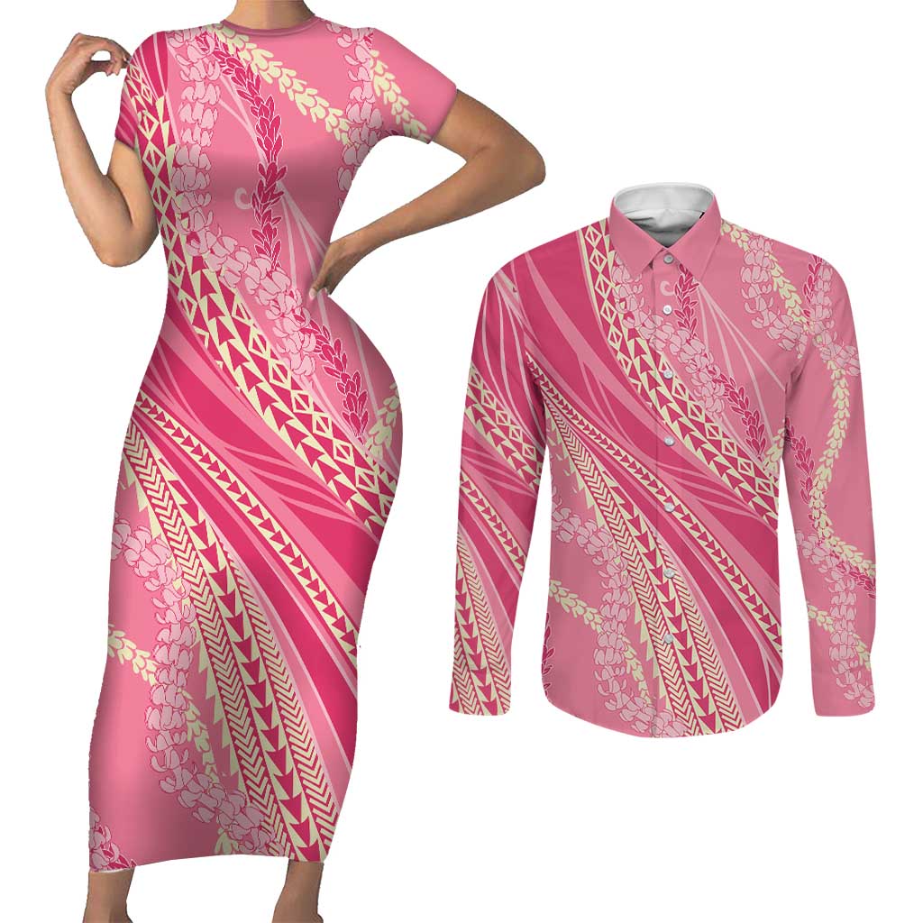 Polynesian Puakeniken Pikake Twisted Lei Couples Matching Short Sleeve Bodycon Dress and Long Sleeve Button Shirt Rose Pink - Polynesian Pride