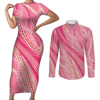 Polynesian Puakeniken Pikake Twisted Lei Couples Matching Short Sleeve Bodycon Dress and Long Sleeve Button Shirt Rose Pink - Polynesian Pride