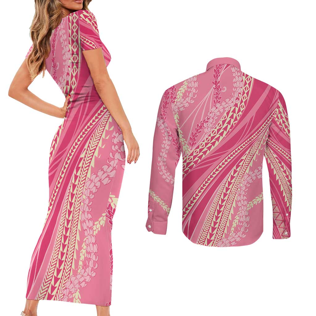 Polynesian Puakeniken Pikake Twisted Lei Couples Matching Short Sleeve Bodycon Dress and Long Sleeve Button Shirt Rose Pink - Polynesian Pride