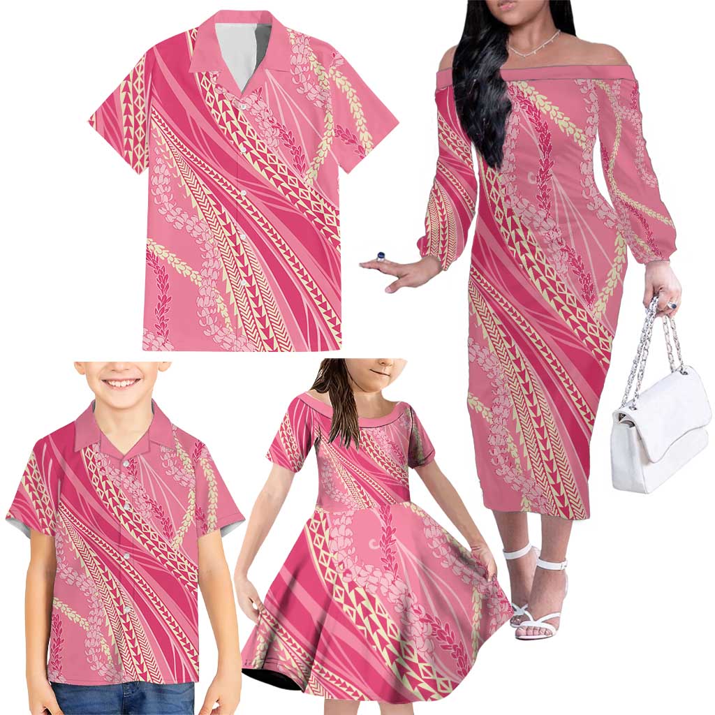 Polynesian Puakeniken Pikake Twisted Lei Family Matching Off The Shoulder Long Sleeve Dress and Hawaiian Shirt Rose Pink LT7 - Polynesian Pride