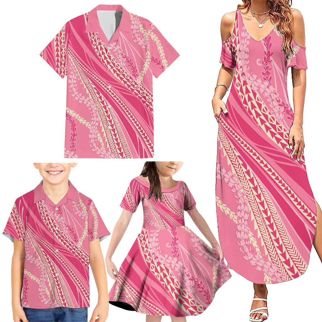 Polynesian Puakeniken Pikake Twisted Lei Family Matching Summer Maxi Dress and Hawaiian Shirt Rose Pink LT7 - Polynesian Pride