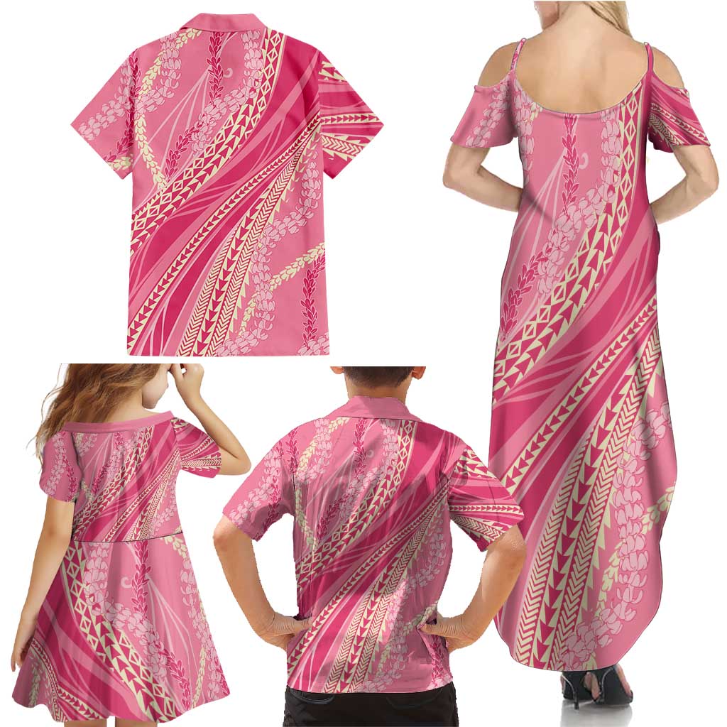 Polynesian Puakeniken Pikake Twisted Lei Family Matching Summer Maxi Dress and Hawaiian Shirt Rose Pink LT7 - Polynesian Pride