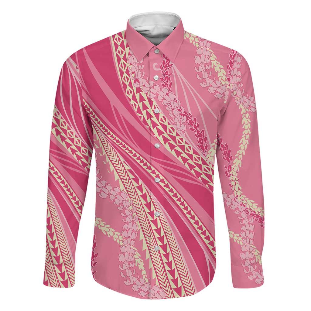 Polynesian Puakeniken Pikake Twisted Lei Family Matching Summer Maxi Dress and Hawaiian Shirt Rose Pink LT7 Dad's Shirt - Long Sleeve Rose Pink - Polynesian Pride