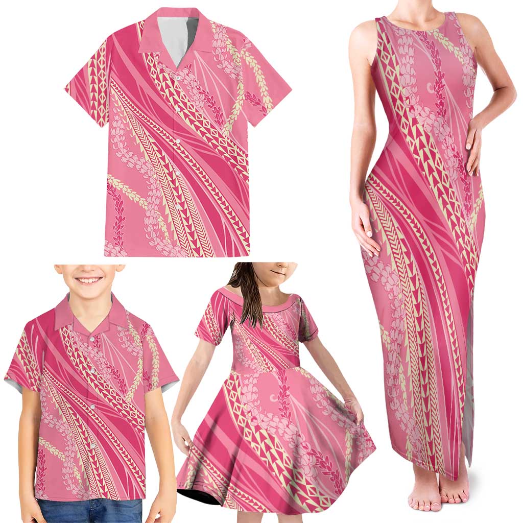 Polynesian Puakeniken Pikake Twisted Lei Family Matching Tank Maxi Dress and Hawaiian Shirt Rose Pink LT7 - Polynesian Pride