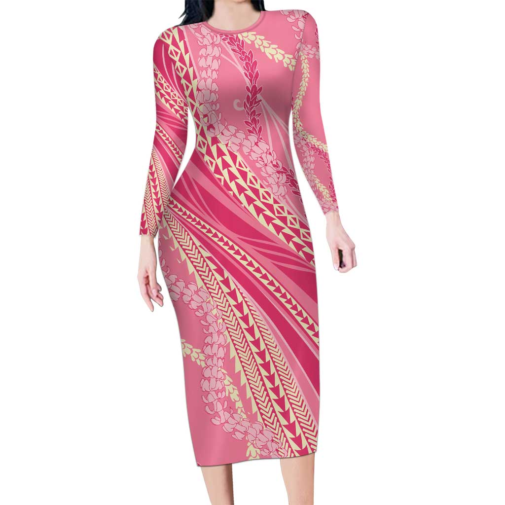 Polynesian Puakeniken Pikake Twisted Lei Long Sleeve Bodycon Dress Rose Pink - Polynesian Pride