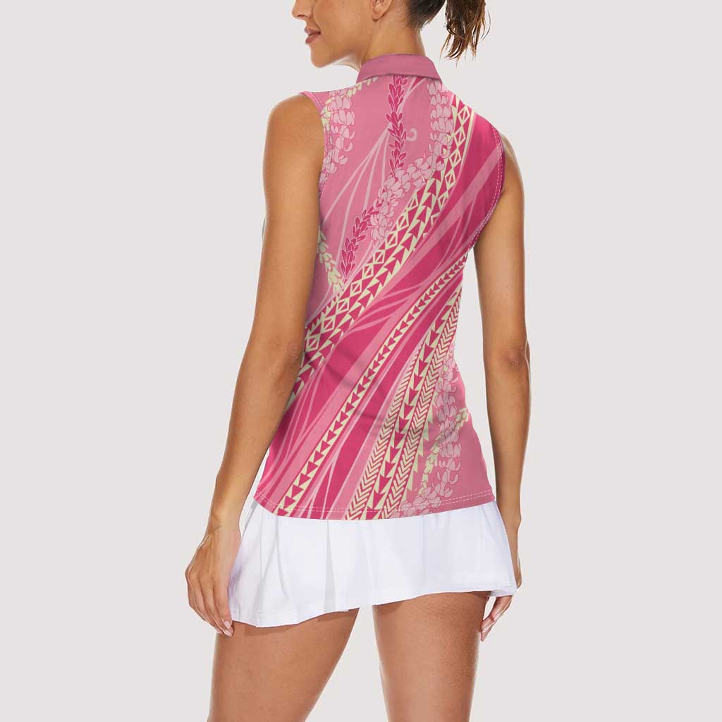 Polynesian Puakeniken Pikake Twisted Lei Women Sleeveless Polo Shirt Rose Pink - Polynesian Pride