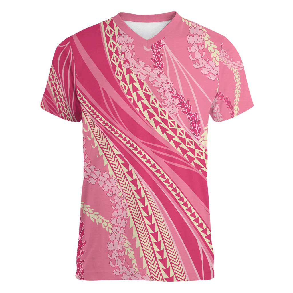 Polynesian Puakeniken Pikake Twisted Lei Women V-Neck T-Shirt Rose Pink - Polynesian Pride