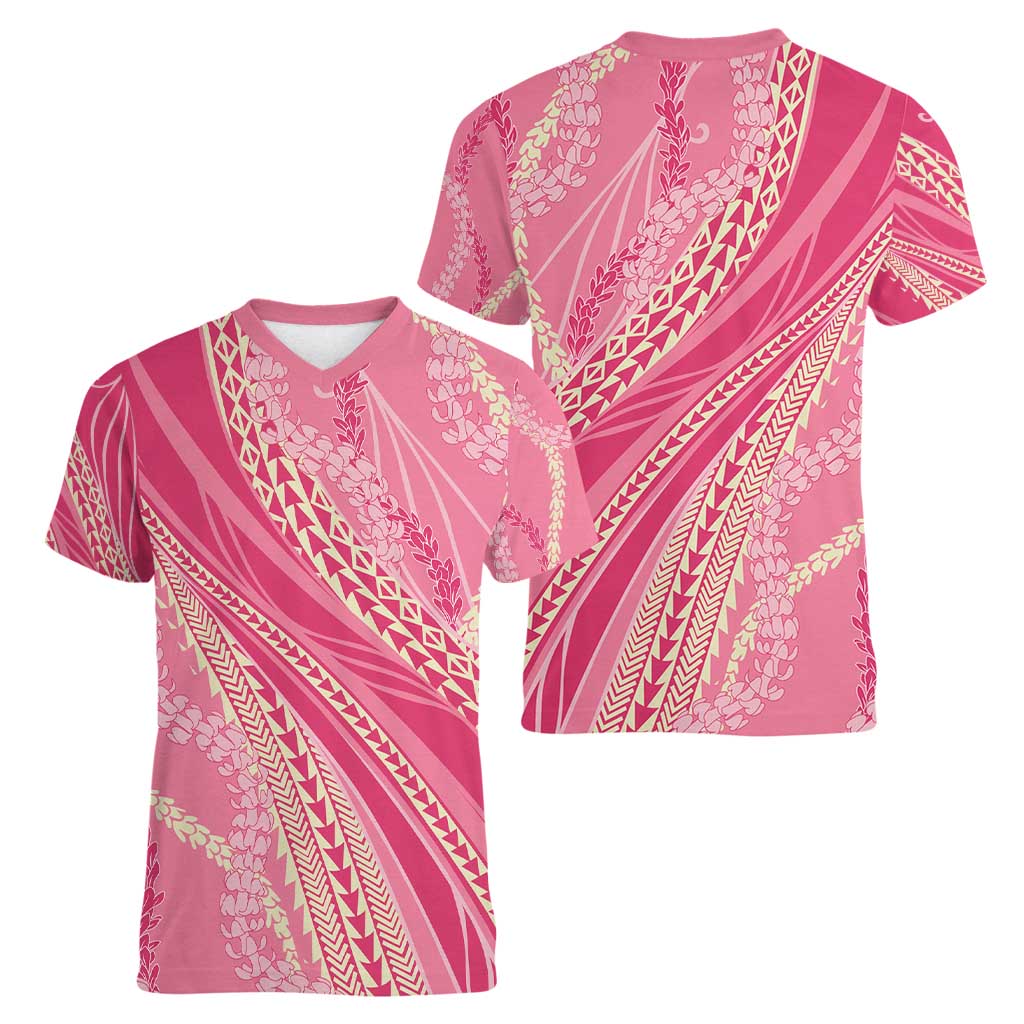 Polynesian Puakeniken Pikake Twisted Lei Women V-Neck T-Shirt Rose Pink - Polynesian Pride