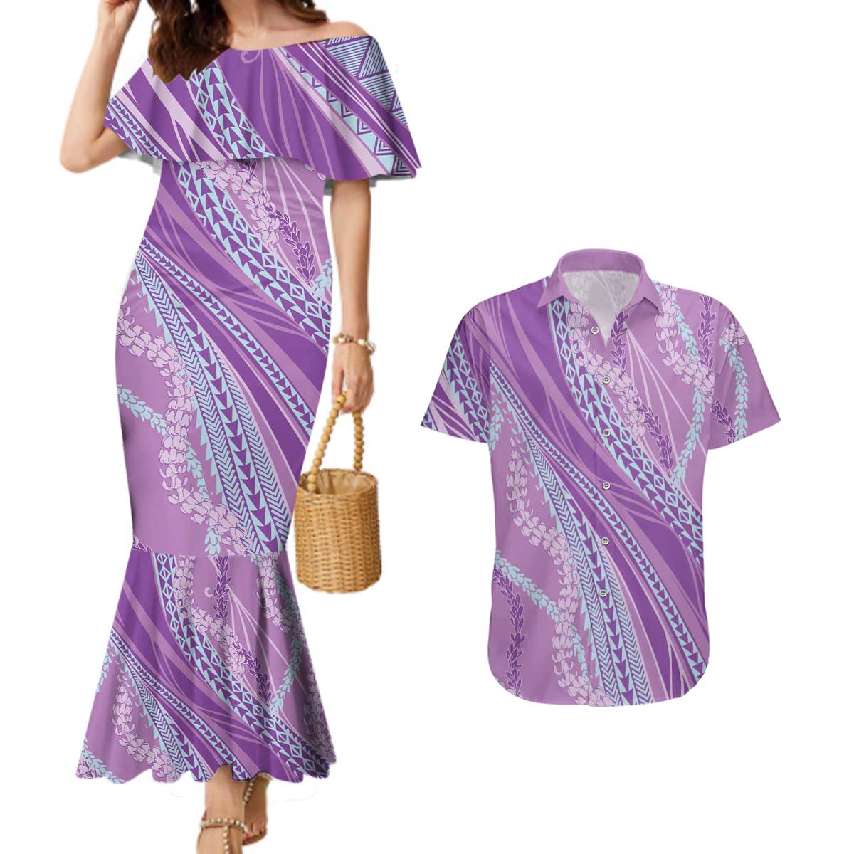 Polynesian Puakeniken Pikake Twisted Lei Couples Matching Mermaid Dress and Hawaiian Shirt Amethys LT7 Amethys - Polynesian Pride