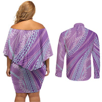 Polynesian Puakeniken Pikake Twisted Lei Couples Matching Off Shoulder Short Dress and Long Sleeve Button Shirt Amethys LT7 - Polynesian Pride