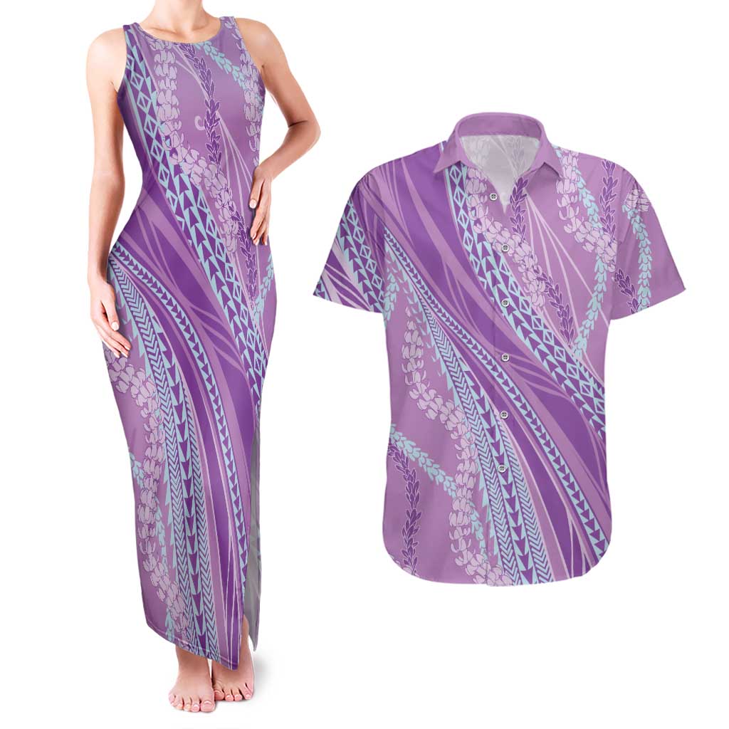 Polynesian Puakeniken Pikake Twisted Lei Couples Matching Tank Maxi Dress and Hawaiian Shirt Amethys - Polynesian Pride