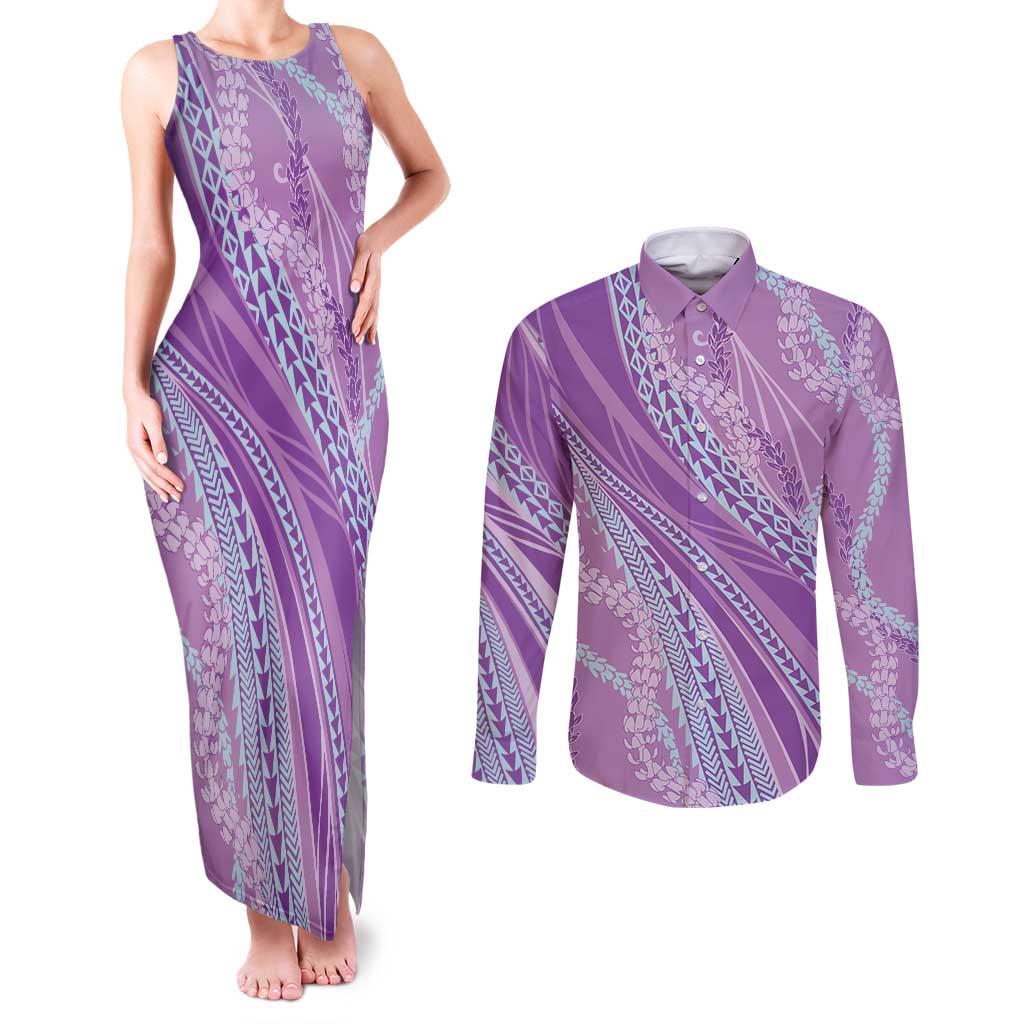 Polynesian Puakeniken Pikake Twisted Lei Couples Matching Tank Maxi Dress and Long Sleeve Button Shirt Amethys - Polynesian Pride
