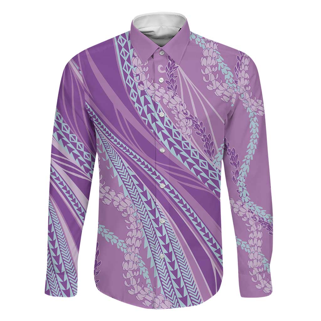 Polynesian Puakeniken Pikake Twisted Lei Family Matching Long Sleeve Bodycon Dress and Hawaiian Shirt Amethys LT7 Dad's Shirt - Long Sleeve Amethys - Polynesian Pride