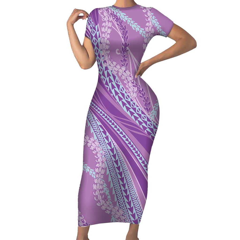 Polynesian Puakeniken Pikake Twisted Lei Short Sleeve Bodycon Dress Amethys - Polynesian Pride