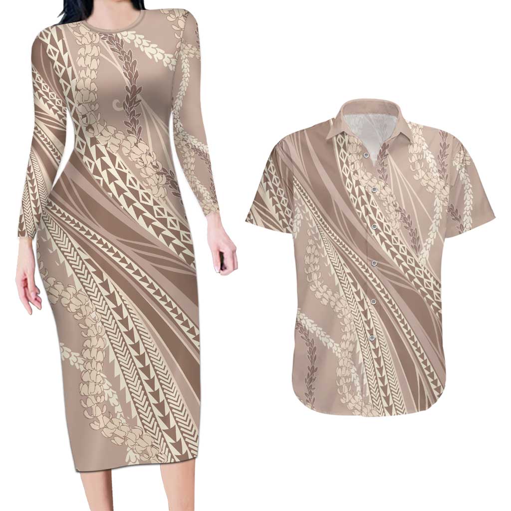 Polynesian Puakeniken Pikake Twisted Lei Couples Matching Long Sleeve Bodycon Dress and Hawaiian Shirt Beige - Polynesian Pride