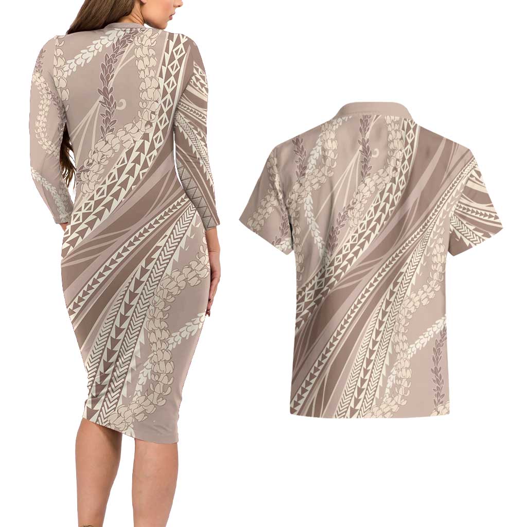 Polynesian Puakeniken Pikake Twisted Lei Couples Matching Long Sleeve Bodycon Dress and Hawaiian Shirt Beige - Polynesian Pride