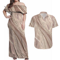 Polynesian Puakeniken Pikake Twisted Lei Couples Matching Off Shoulder Maxi Dress and Hawaiian Shirt Beige - Polynesian Pride