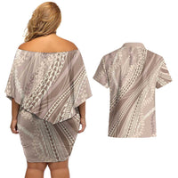 Polynesian Puakeniken Pikake Twisted Lei Couples Matching Off Shoulder Short Dress and Hawaiian Shirt Beige - Polynesian Pride