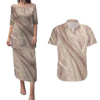 Polynesian Puakeniken Pikake Twisted Lei Couples Matching Puletasi and Hawaiian Shirt Beige - Polynesian Pride