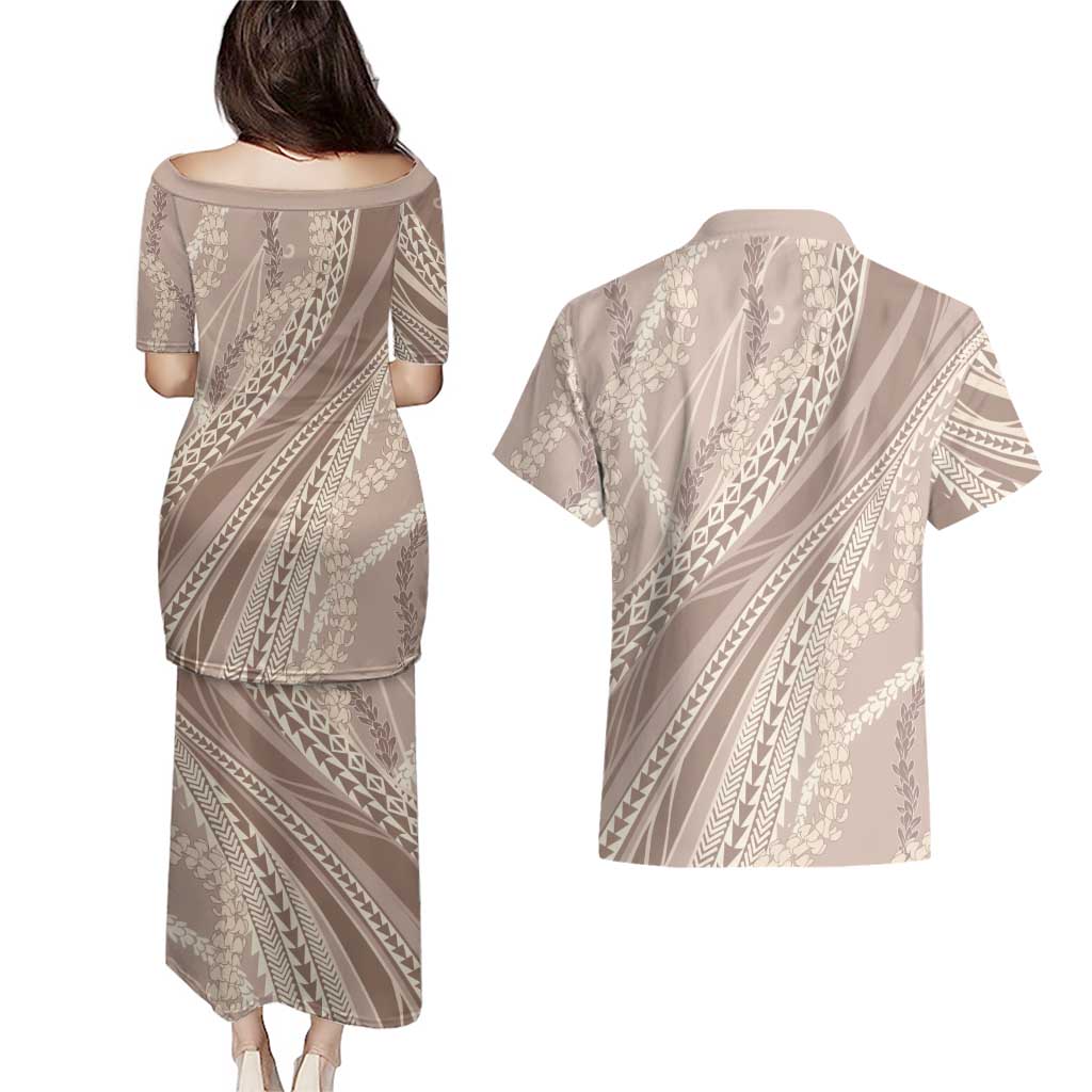 Polynesian Puakeniken Pikake Twisted Lei Couples Matching Puletasi and Hawaiian Shirt Beige - Polynesian Pride