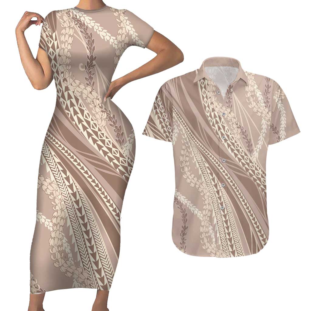 Polynesian Puakeniken Pikake Twisted Lei Couples Matching Short Sleeve Bodycon Dress and Hawaiian Shirt Beige - Polynesian Pride