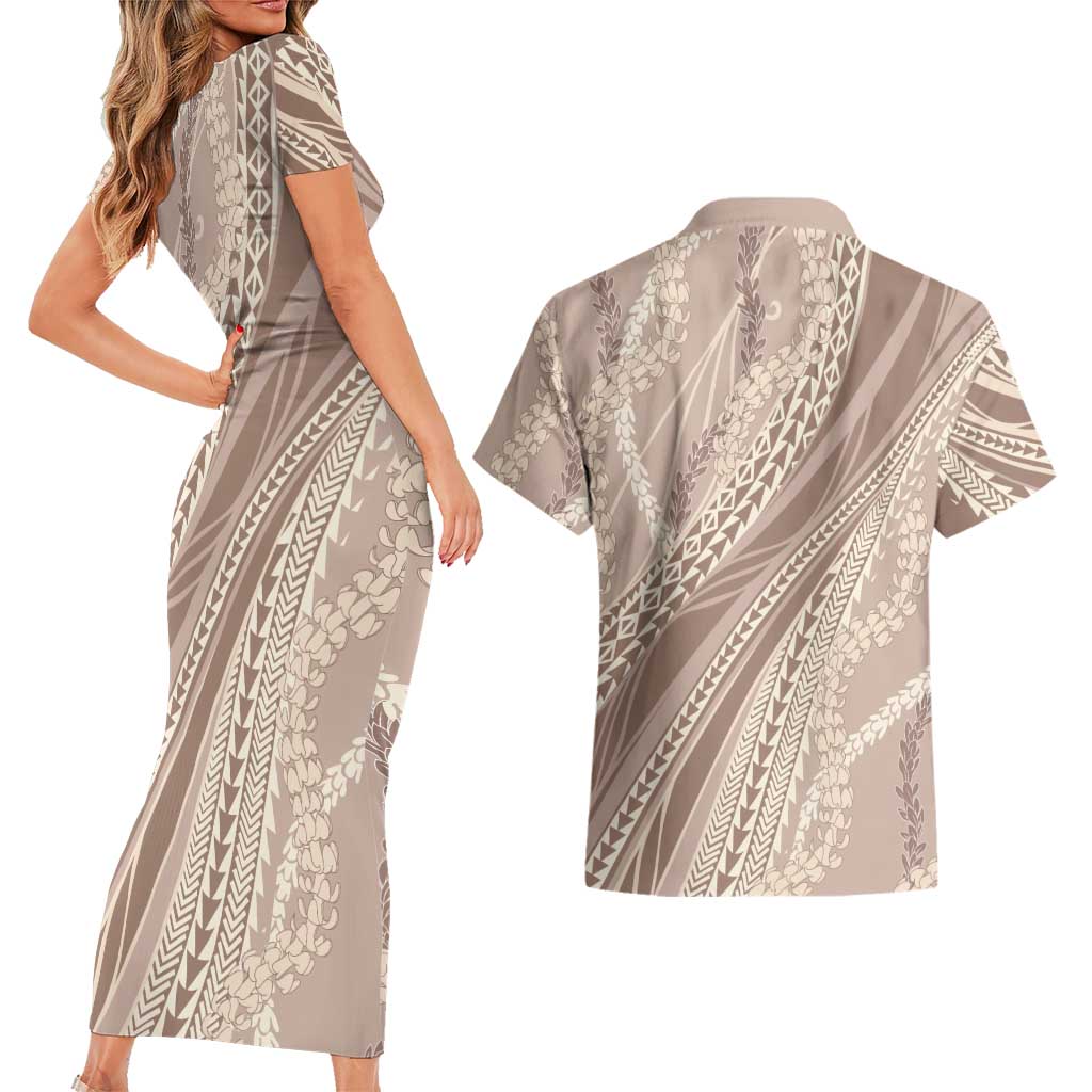 Polynesian Puakeniken Pikake Twisted Lei Couples Matching Short Sleeve Bodycon Dress and Hawaiian Shirt Beige - Polynesian Pride
