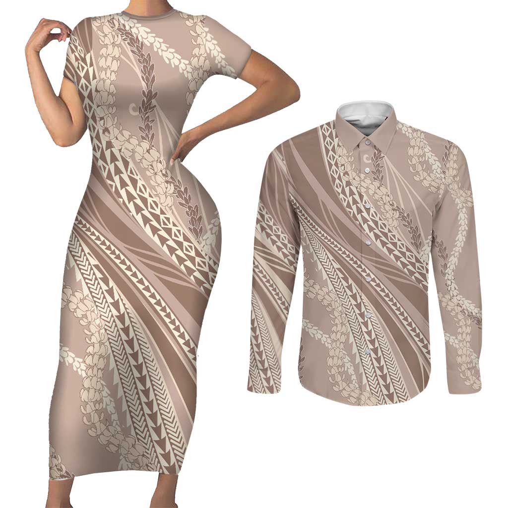 Polynesian Puakeniken Pikake Twisted Lei Couples Matching Short Sleeve Bodycon Dress and Long Sleeve Button Shirt Beige - Polynesian Pride